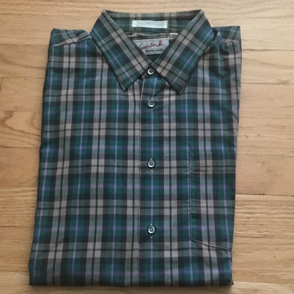 Pierre Cardin Green and Gray Plaid Button-Down Shirt